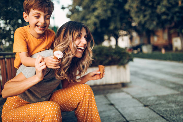 Mom and son enjoying ice cream